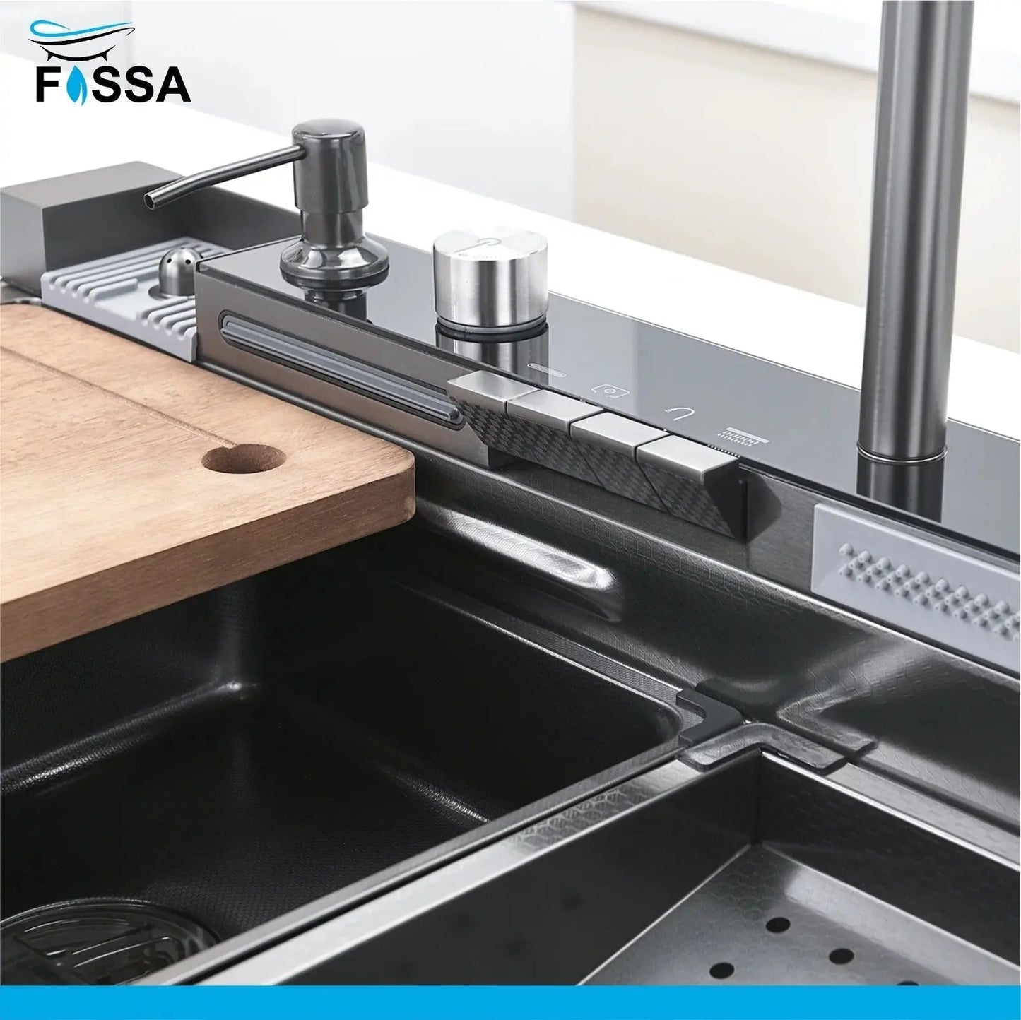 Fossa 30"x18"x10" inch Piano Fully Equipped Kitchen Sink with Integrated Waterfall and Pull-down Faucets - Premium Stainless Steel Sink with LED Pannel and Digital Display - Nano Black Finish-4