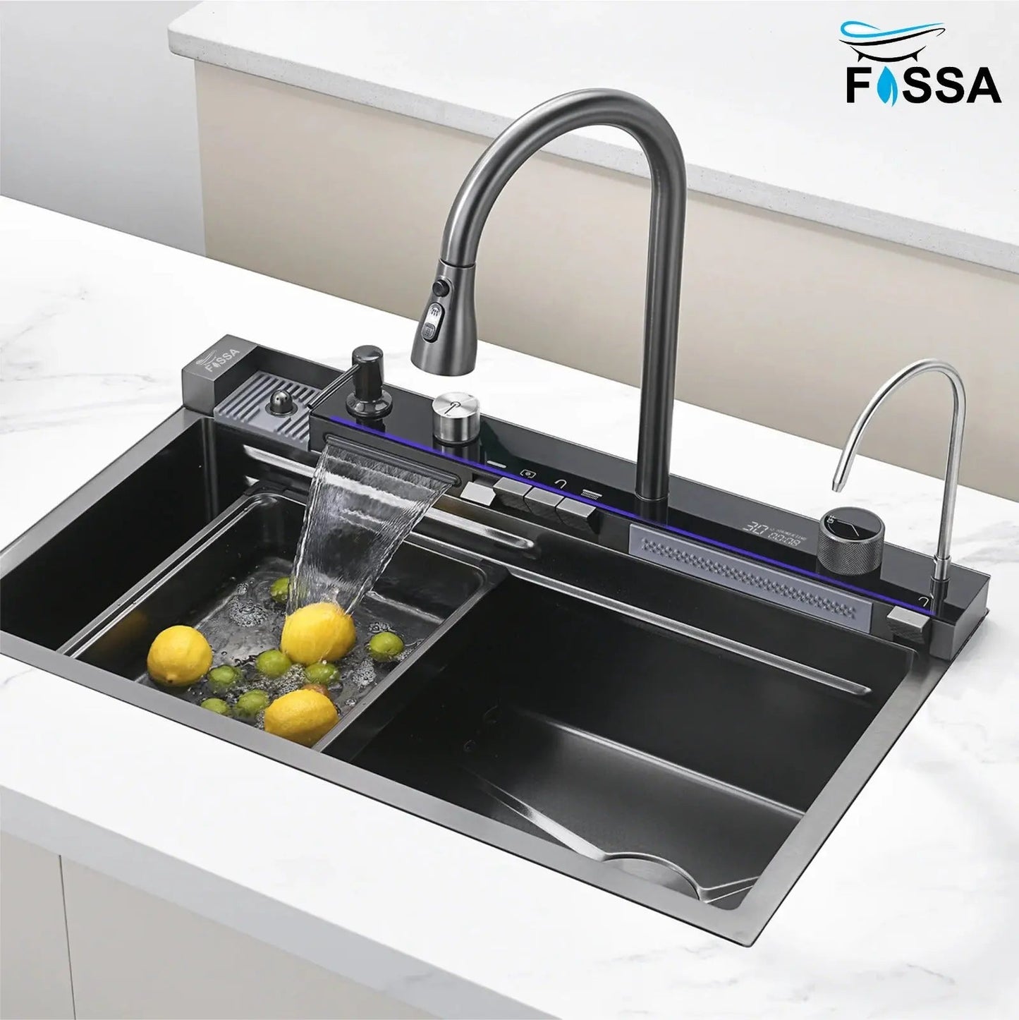 Fossa 30"x18"x10" inch Piano Fully Equipped Kitchen Sink with Integrated Waterfall and Pull-down Faucets - SS-304 Grade Stainless Steel Sink with LED Pannel and Digital Display - Nano Black Finish-0