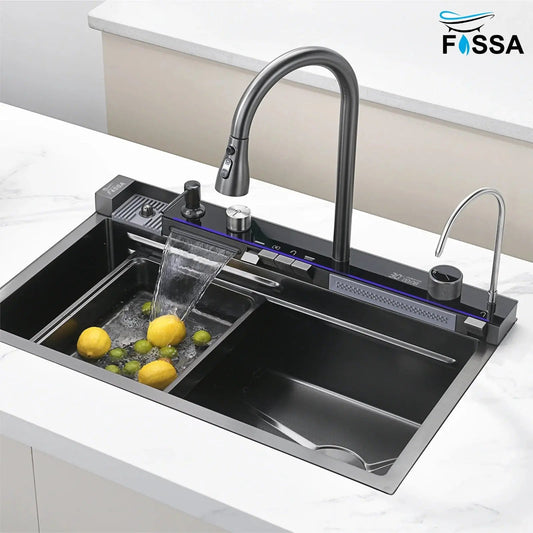 Fossa 30"x18"x10" inch Piano Fully Equipped Kitchen Sink with Integrated Waterfall and Pull-down Faucets - SS-304 Grade Stainless Steel Sink with LED Pannel and Digital Display - Nano Black Finish-0
