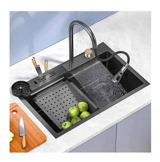 Fossa 30"x18"x10" inch Stainless Steel Premium Handmade Single Bowl WaterFall Kitchen Sink With Stand Matte Finish-0
