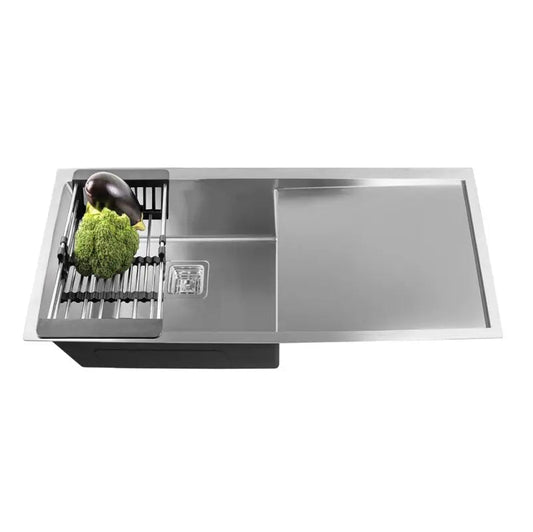 FOSSA 37"x18"x10" Inch Single Bowl With Drain Board Premium Handmade Kitchen Sink Silver-0