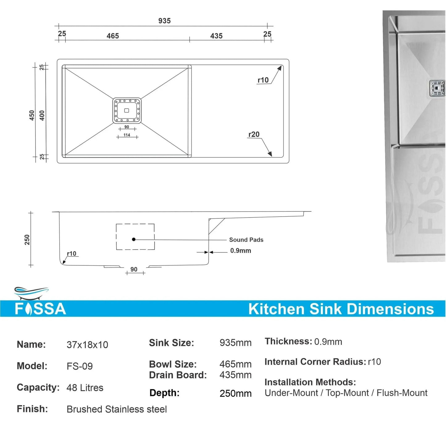 FOSSA 37"x18"x10" Inch Single Bowl With Drain Board Premium Handmade Kitchen Sink Silver-1