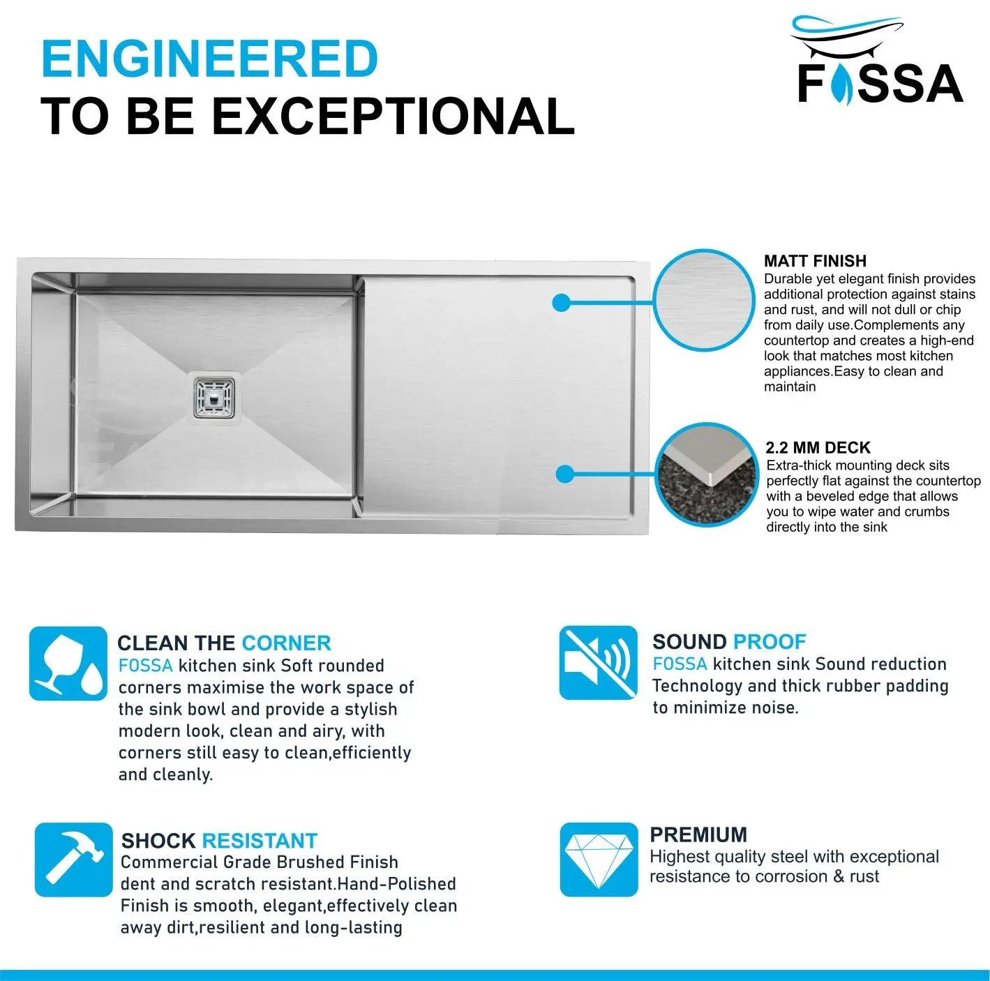 FOSSA 37"x18"x10" Inch Single Bowl With Drain Board Premium Handmade Kitchen Sink Silver-2