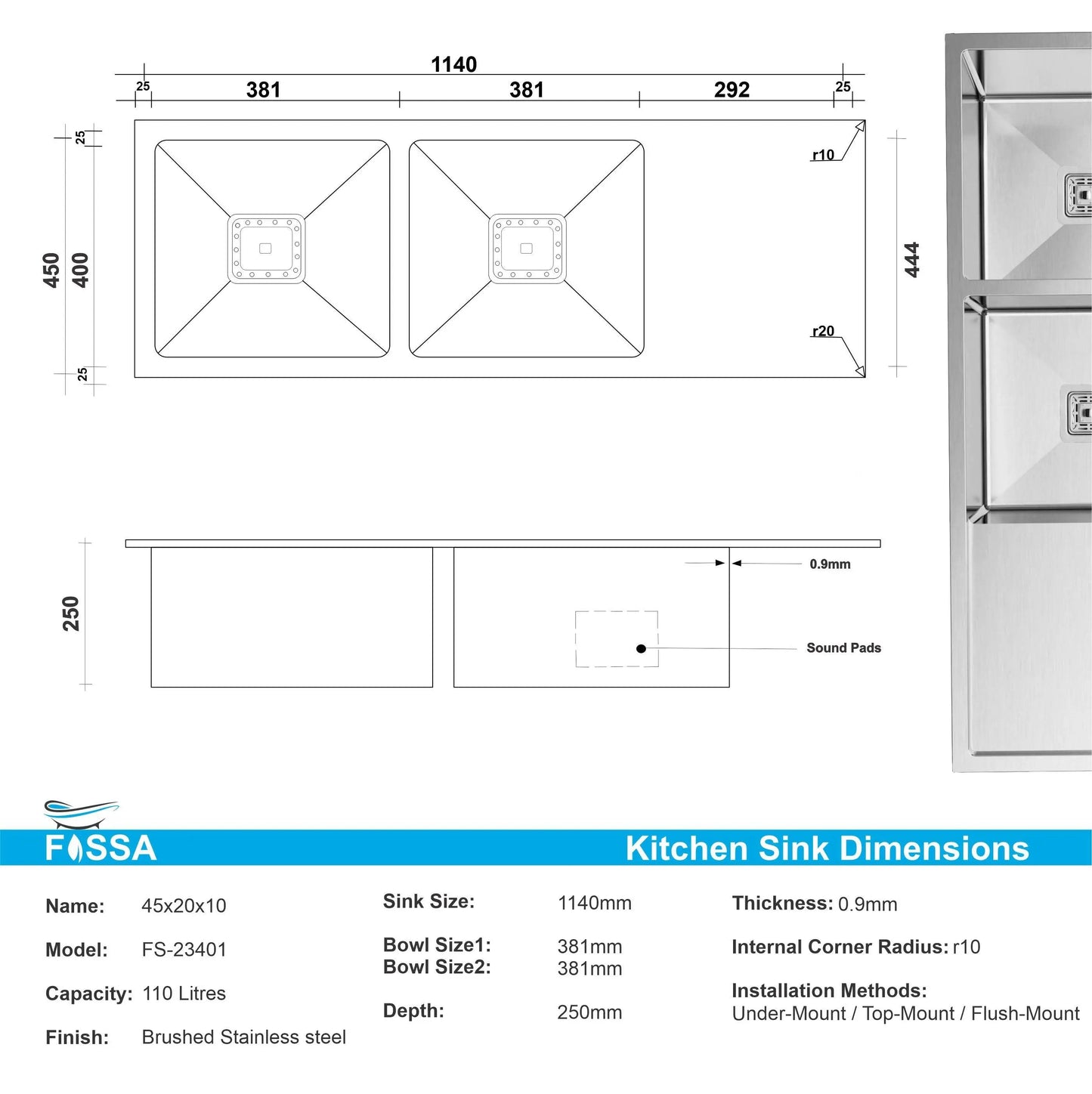 Fossa 45"x20"x10" Inch Double Bowl With Drain Board Premium Stainless Steel Handmade Kitchen Sink Matte Finish-1