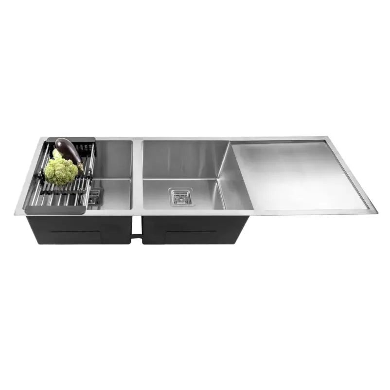 Fossa 45"x20"x10" Inch Double Bowl With Drain Board Premium Stainless Steel Handmade Kitchen Sink Matte Finish-0
