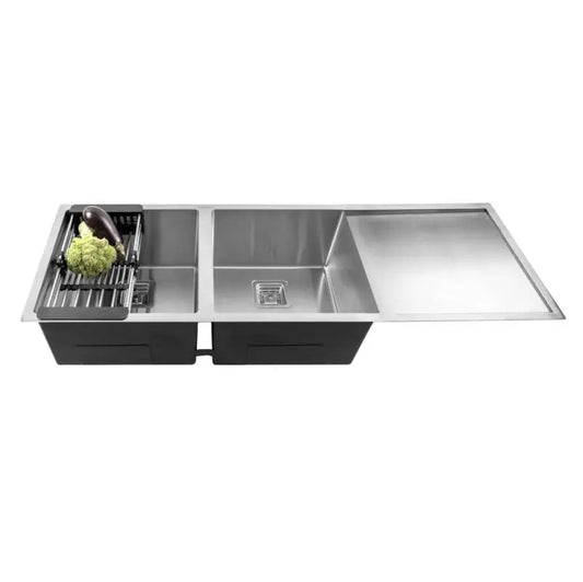 Fossa 45"x20"x10" Inch Double Bowl With Drain Board Premium Stainless Steel Handmade Kitchen Sink Matte Finish-0