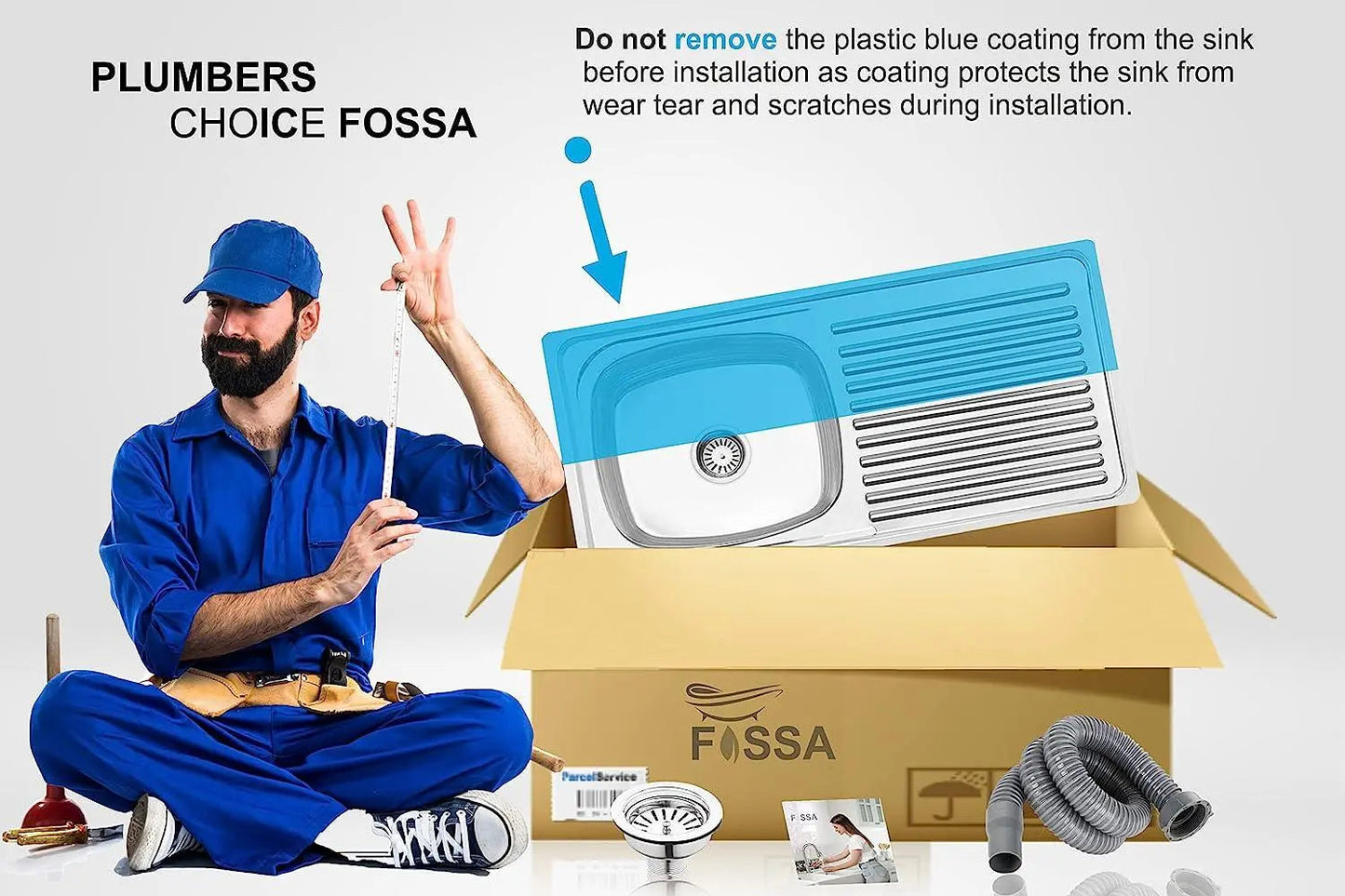 Fossa 45"x20"x10" inch Single Bowl With Drain Board Premium Stainless Steel Kitchen Sink With SS Coupling Glossy Finish-1