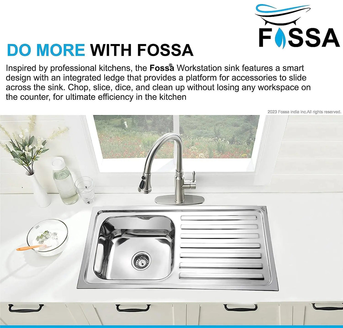 Fossa 45"x20"x10" inch Single Bowl With Drain Board Premium Stainless Steel Kitchen Sink With SS Coupling Glossy Finish-2
