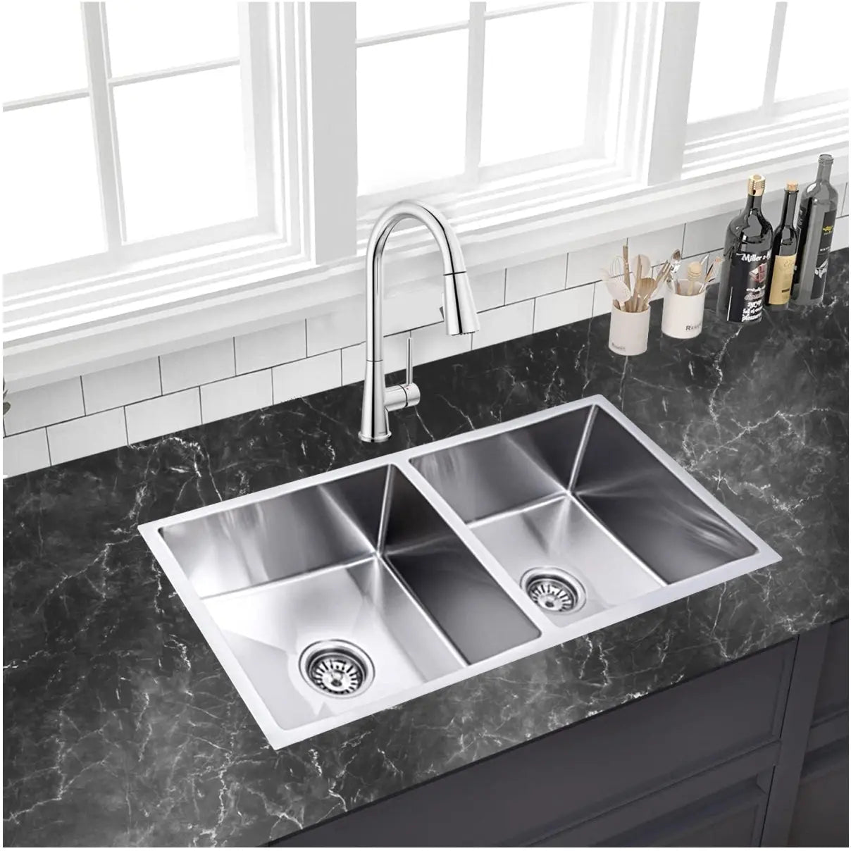 Fossa Premium Stainless Steel Handmade Double Bowl 32"x18"x10 Kitchen Sink Matte Finish Included Strainer-Basket,Sink Coupling,Waste Pipe-0