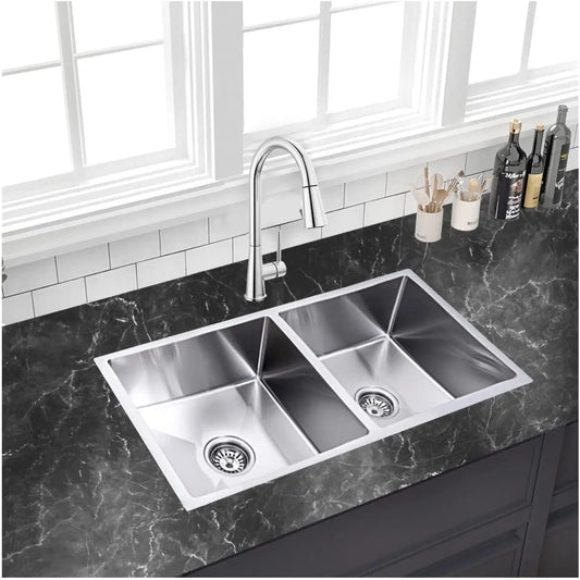 Fossa Premium Stainless Steel Handmade Double Bowl 32"x18"x10 Kitchen Sink Matte Finish Included Strainer-Basket,Sink Coupling,Waste Pipe-0