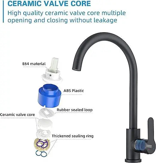 Fossa High Pressure Kitchen Faucet 360° Swivel, Stainless Steel Kitchen Faucet, Kitchen Mixer Tap with High Spout-257mm J Bend (Black)-4