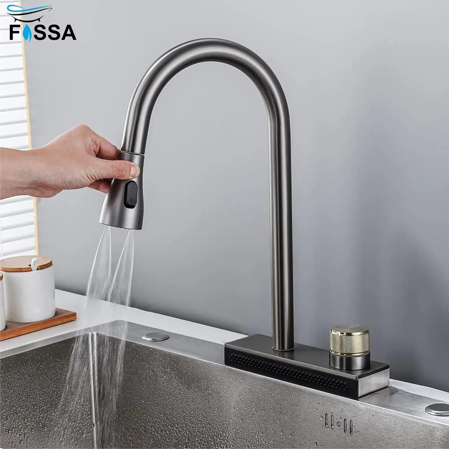 Wainfall Kitchen Sink Faucet Pull Out Four Water Outlet Modes Cold and Hot Can Rotate TAP ( Grey )-4