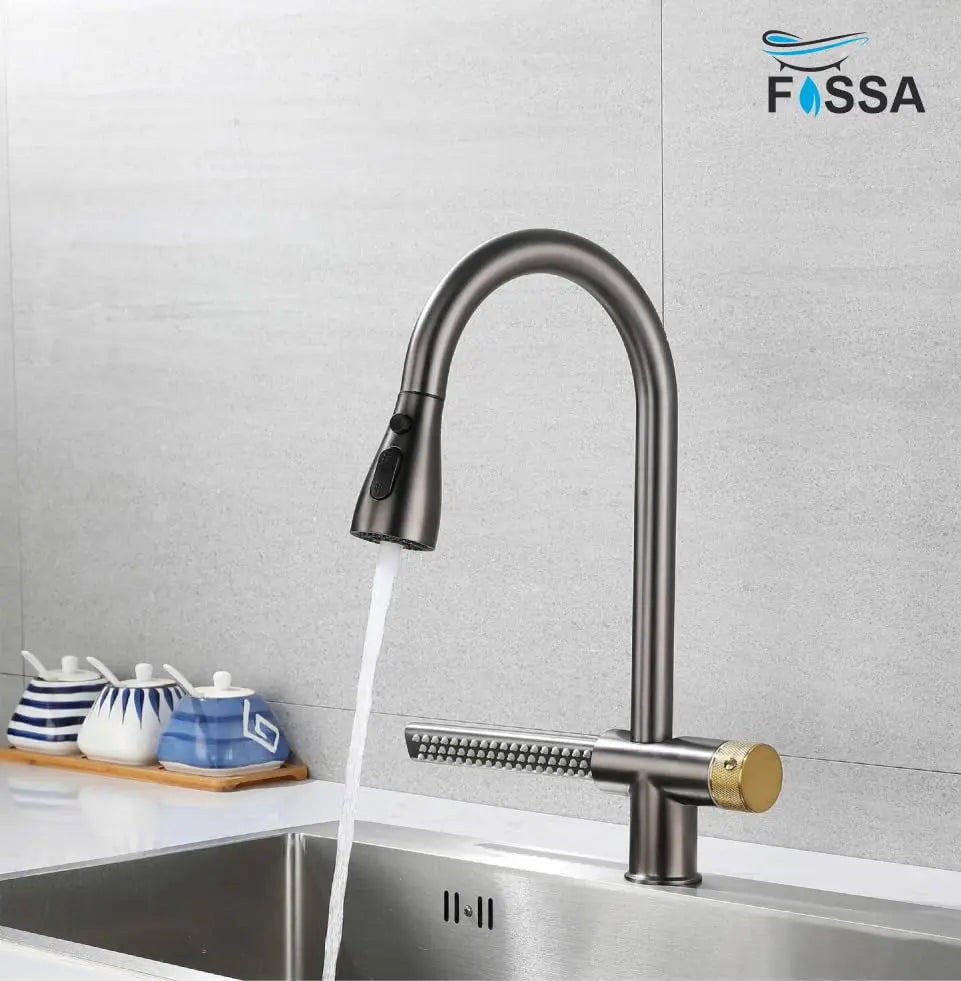 Fossa Kitchen faucets with Pull Down Sprayer with Waterfall Shower Stainless Steel Single Hole Hot and Cold Water Swivel Pull Down Kitchen Faucet-Grey Black (Grey Black)-4