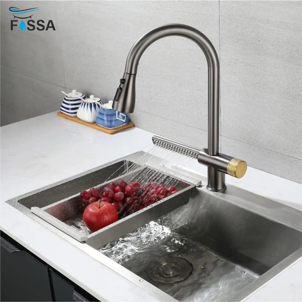 Fossa Kitchen faucets with Pull Down Sprayer with Waterfall Shower Stainless Steel Single Hole Hot and Cold Water Swivel Pull Down Kitchen Faucet-Grey Black (Grey Black)-1