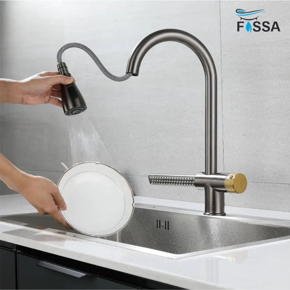 Fossa Kitchen faucets with Pull Down Sprayer with Waterfall Shower Stainless Steel Single Hole Hot and Cold Water Swivel Pull Down Kitchen Faucet-Grey Black (Grey Black)-2