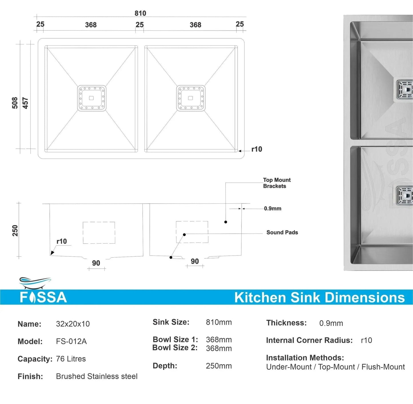 Fossa 32"x20"x10" Inch Double Bowl Premium Stainless Steel Handmade Kitchen Sink Silver-1