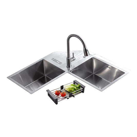 Fossa Corner Sink 36"x36"x10" Double Bowl With Drain Board Premium Handmade Kitchen Sink-0