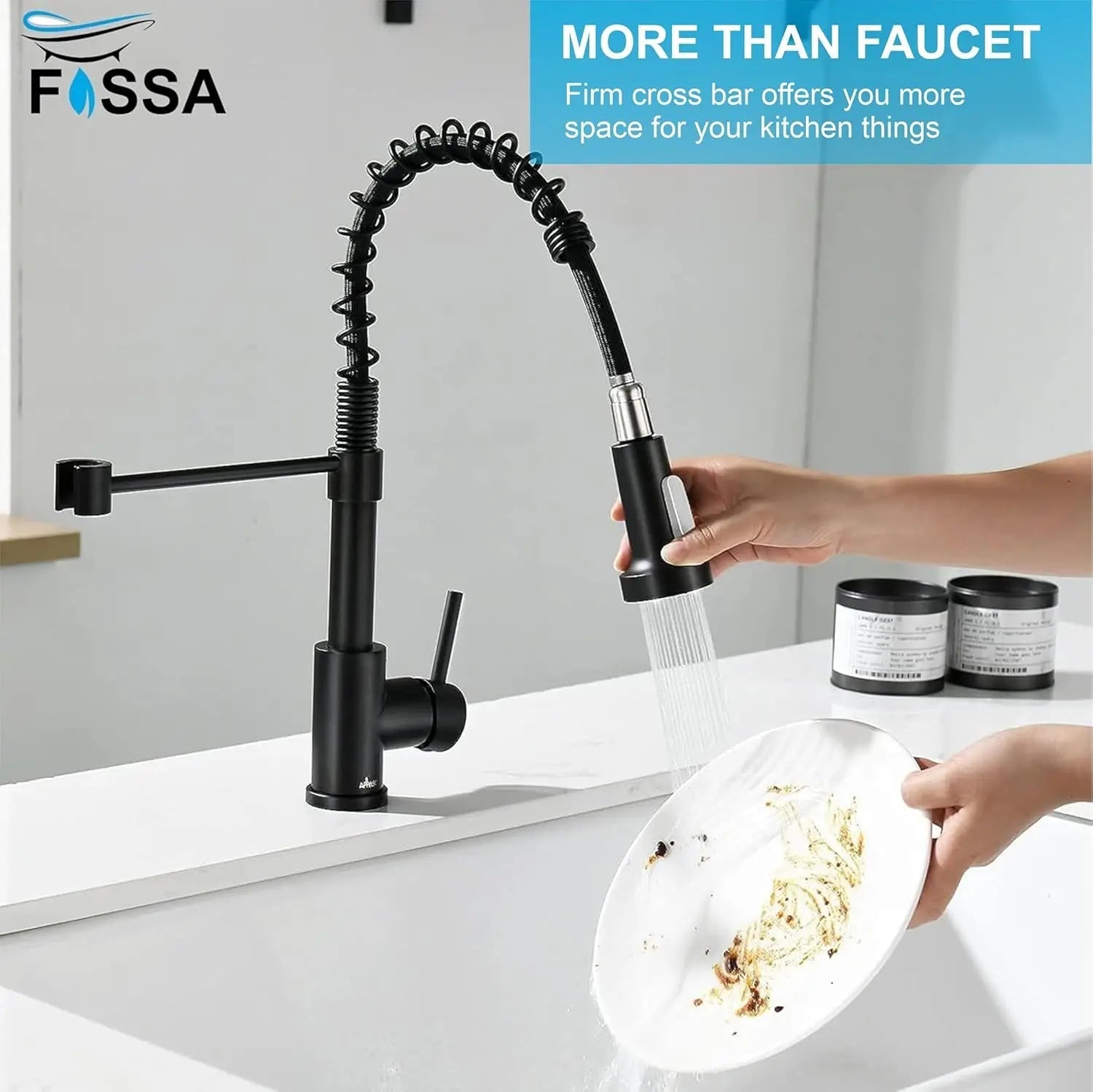 Fossa Kitchen Taps, Kitchen Sink Mixer Tap with Pull Down Sprayer, Kitchen Mixer Taps 1 Hole, 360°Swivel Spring Kitchen Faucet Single Handle Lever, 2 Spray Modes Chrome Finish (Black)-4