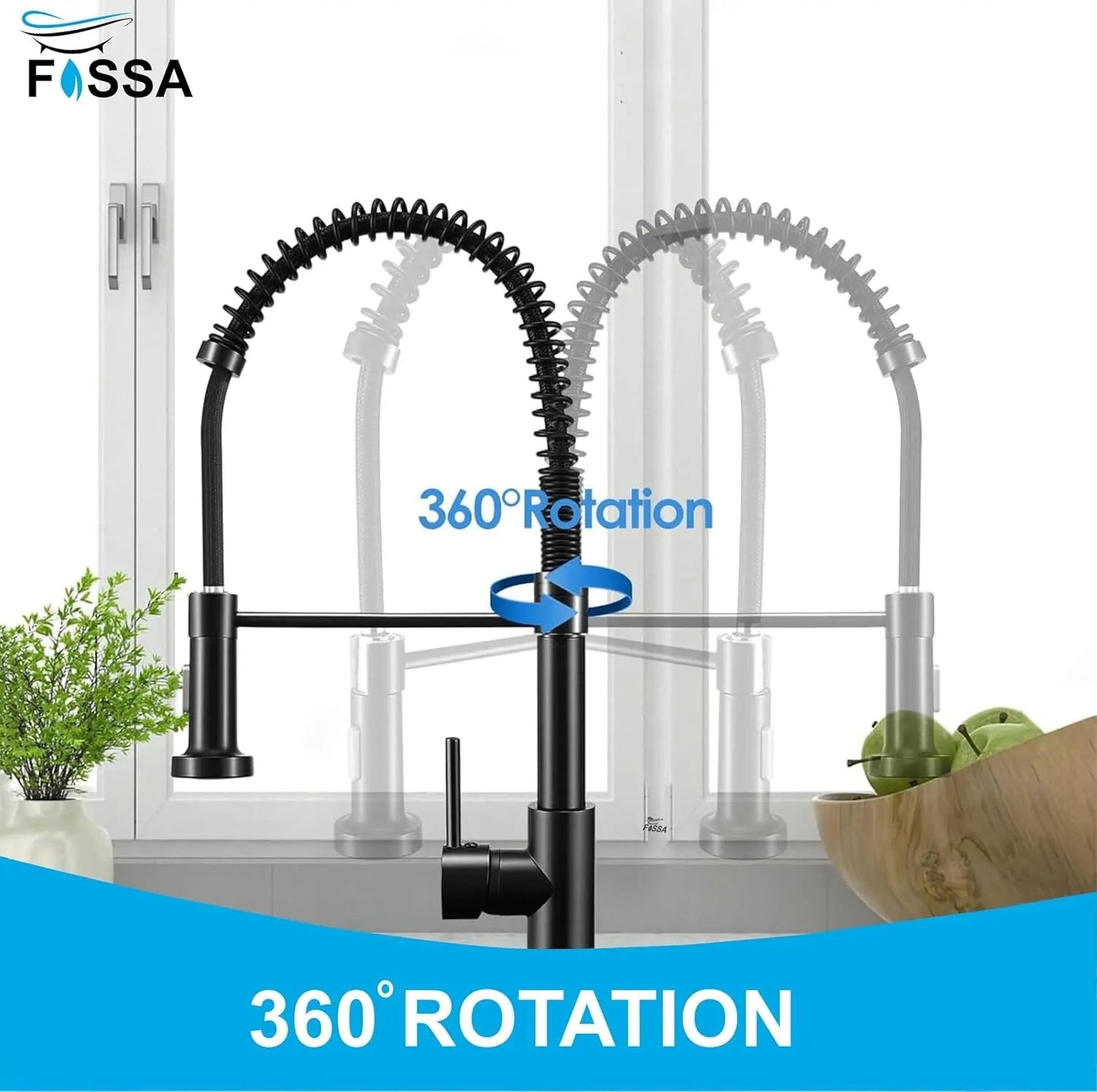 Fossa Kitchen Taps, Kitchen Sink Mixer Tap with Pull Down Sprayer, Kitchen Mixer Taps 1 Hole, 360°Swivel Spring Kitchen Faucet Single Handle Lever, 2 Spray Modes Chrome Finish (Black)-2