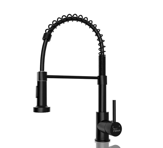 Fossa Kitchen Taps, Kitchen Sink Mixer Tap with Pull Down Sprayer, Kitchen Mixer Taps 1 Hole, 360°Swivel Spring Kitchen Faucet Single Handle Lever, 2 Spray Modes Chrome Finish (Black)-0