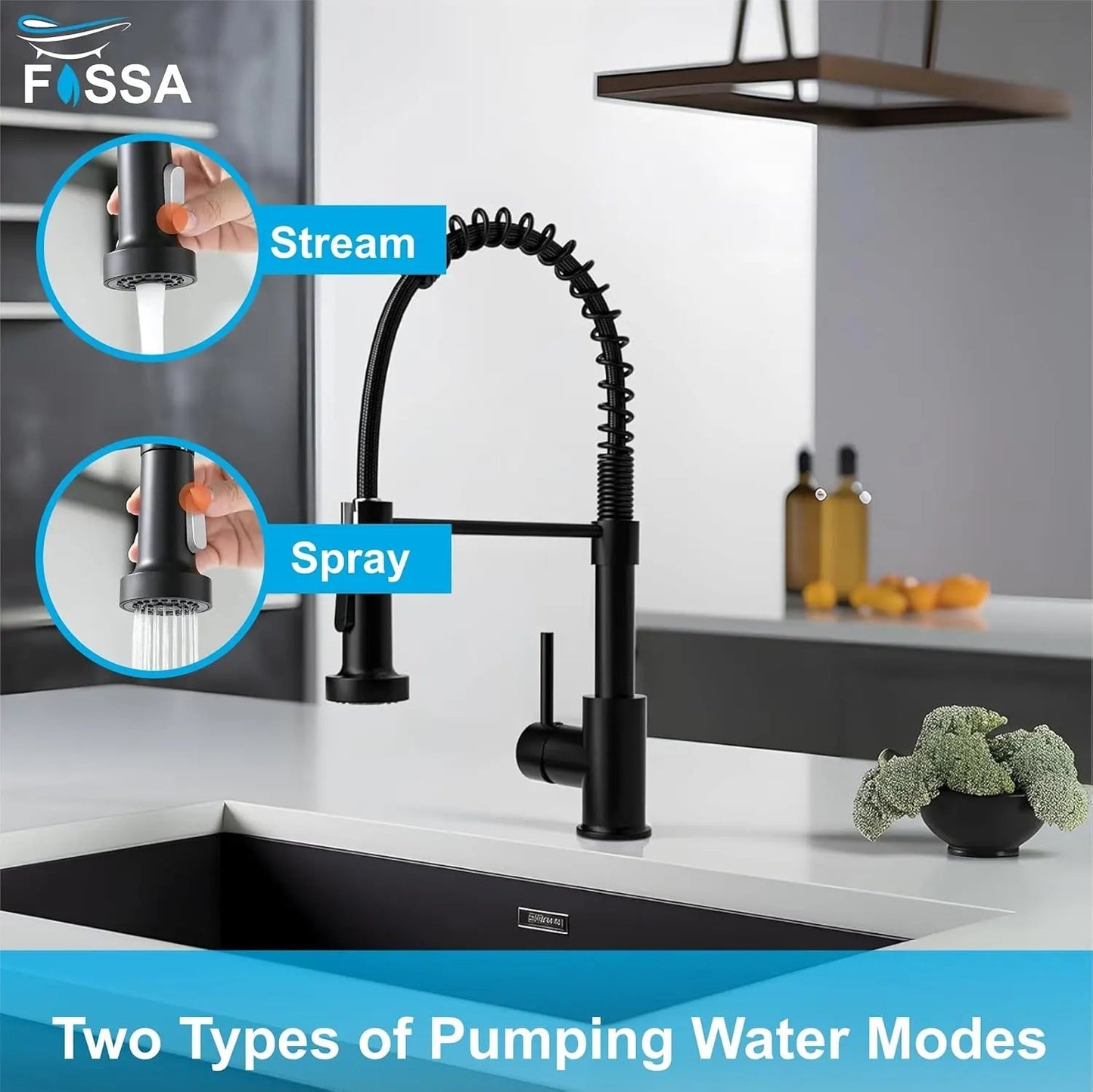 Fossa Kitchen Taps, Kitchen Sink Mixer Tap with Pull Down Sprayer, Kitchen Mixer Taps 1 Hole, 360°Swivel Spring Kitchen Faucet Single Handle Lever, 2 Spray Modes Chrome Finish (Black)-3