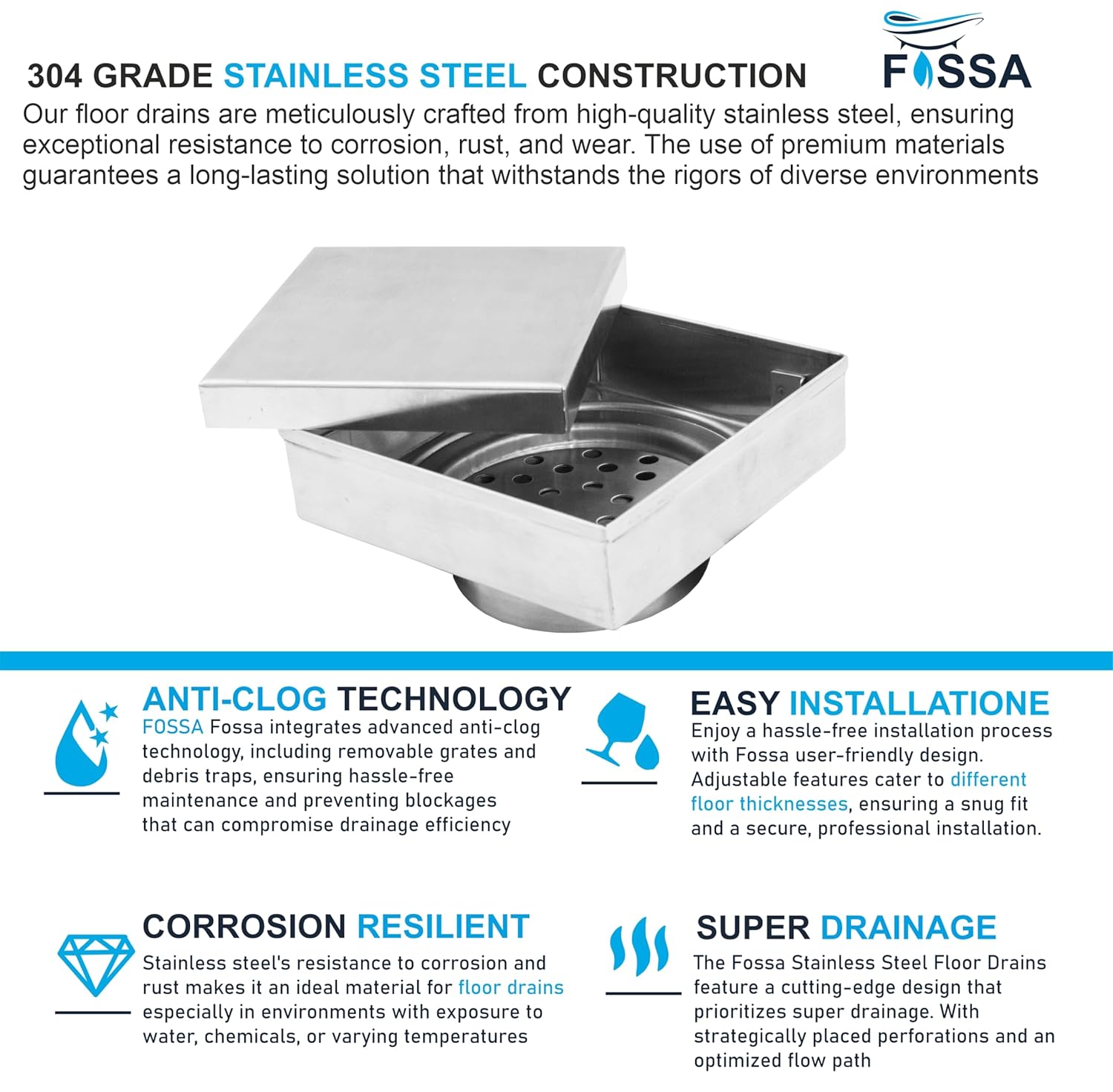 Fossa Marble 5"X5" Inch Square Floor Drain, 304 Grade Stainless Steel, for Bathroom Grating Square Floor Drain Jali, (Matte Finish)-2