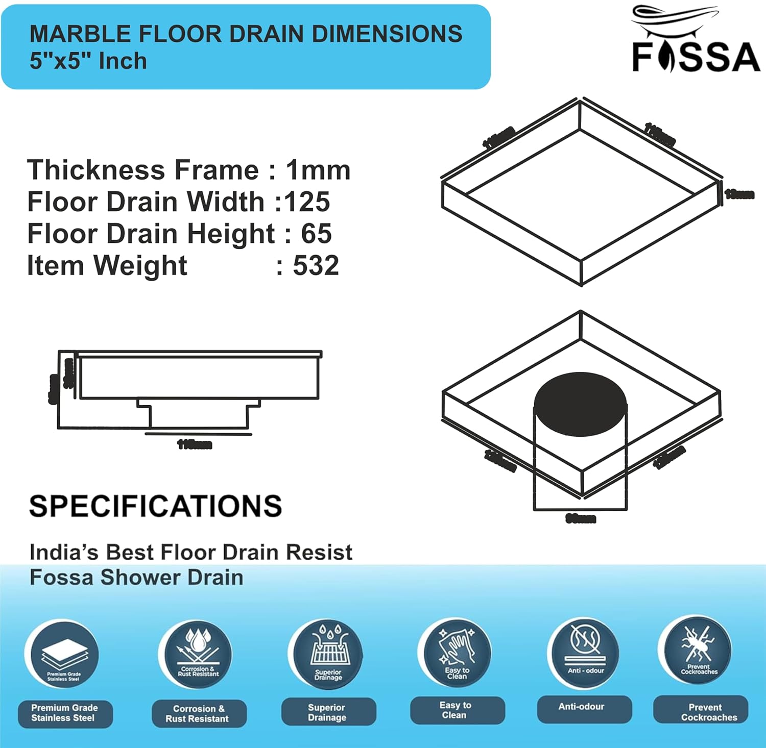 Fossa Marble 5"X5" Inch Square Floor Drain, 304 Grade Stainless Steel, for Bathroom Grating Square Floor Drain Jali, (Matte Finish)-1