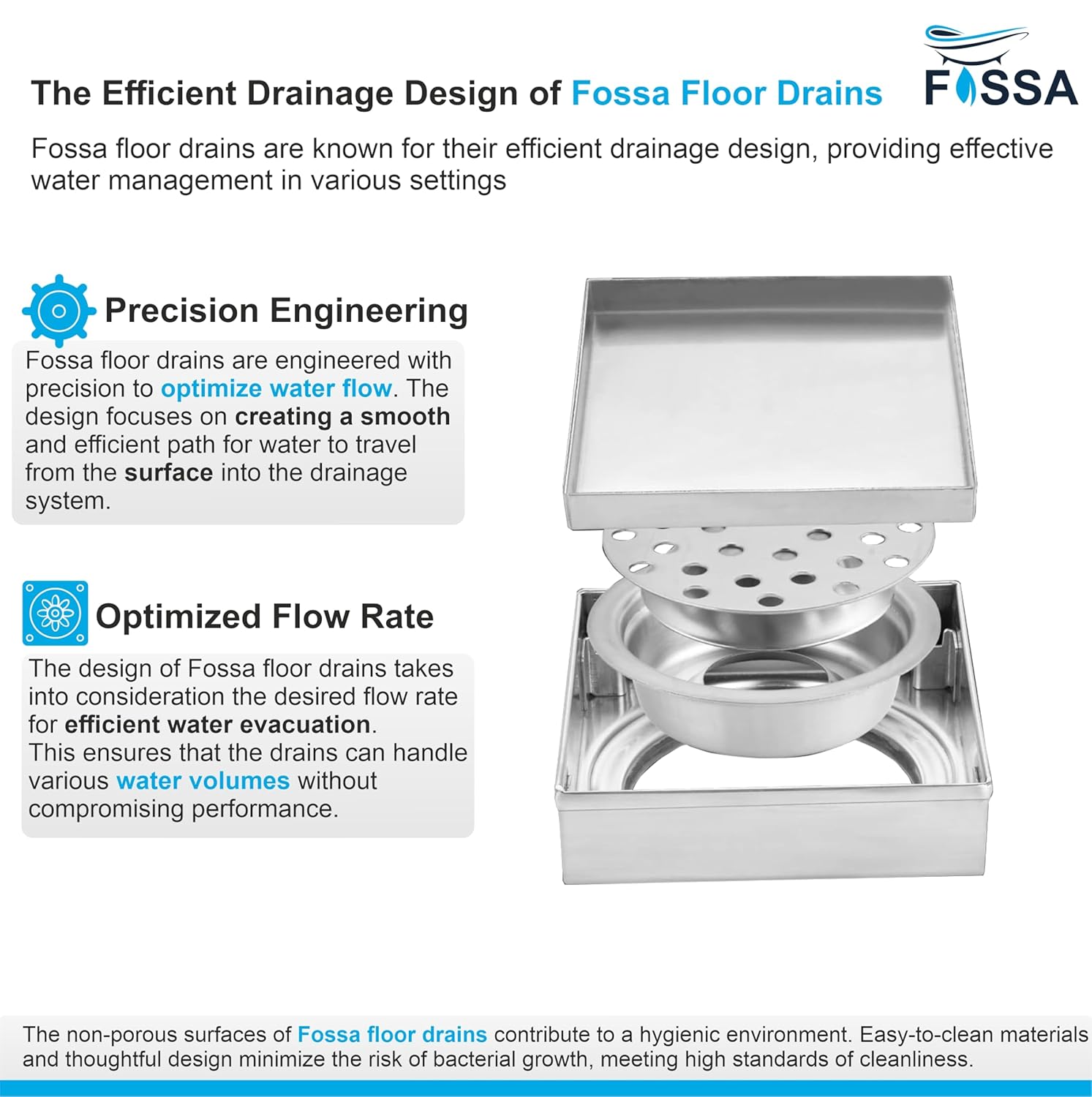 Fossa Marble 5"X5" Inch Square Floor Drain, 304 Grade Stainless Steel, for Bathroom Grating Square Floor Drain Jali, (Matte Finish)-4