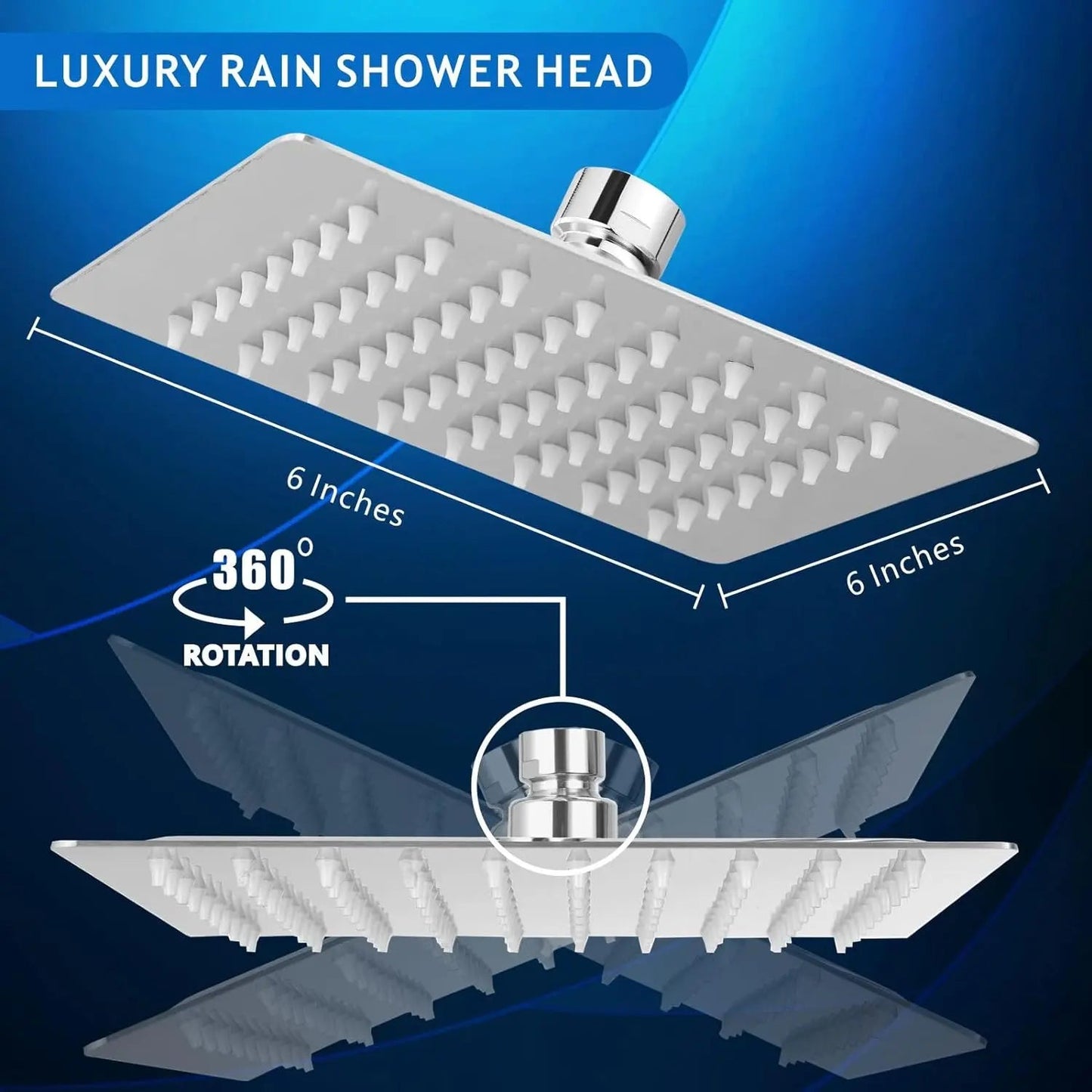 Fossa 6"X6" Inch Rain Shower - Square High Pressure Shower Head Made of 304 Stainless Steel Chrome Finish (With Arm Set 12" Inch)-3