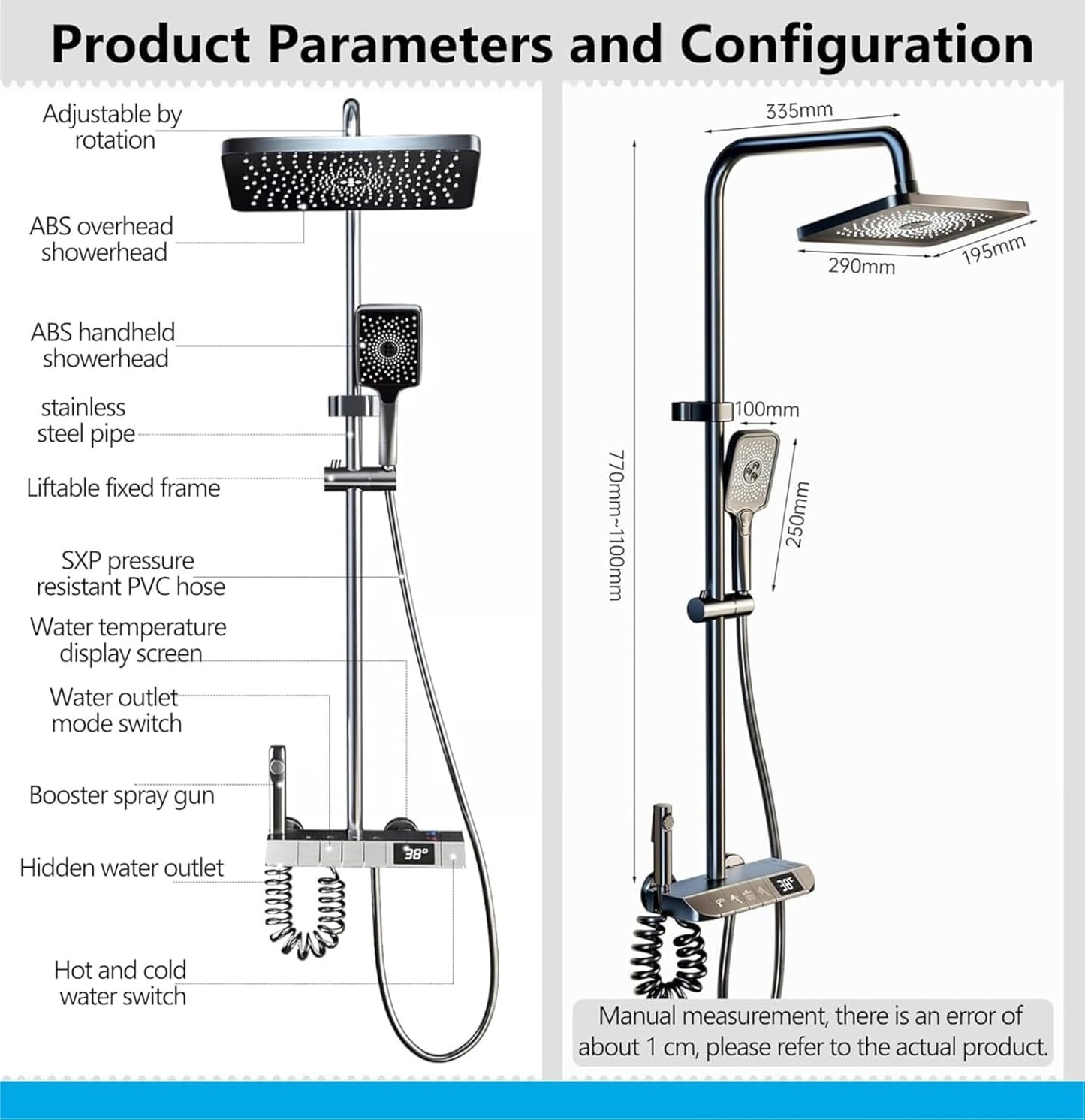 Fossa Spark Shower Thermostatic Shower System, Water Saving Shower Mixer Set, LED Screen, 4 Functions includes Handheld Shower (3 Jet Types), ABS Top Shower, Bidet Spray, Tub Spout (Black)-4