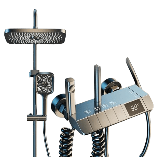 Fossa Spark Shower Thermostatic Shower System, Water Saving Shower Mixer Set, LED Screen, 4 Functions includes Handheld Shower (3 Jet Types), ABS Top Shower, Bidet Spray, Tub Spout (Black)-0