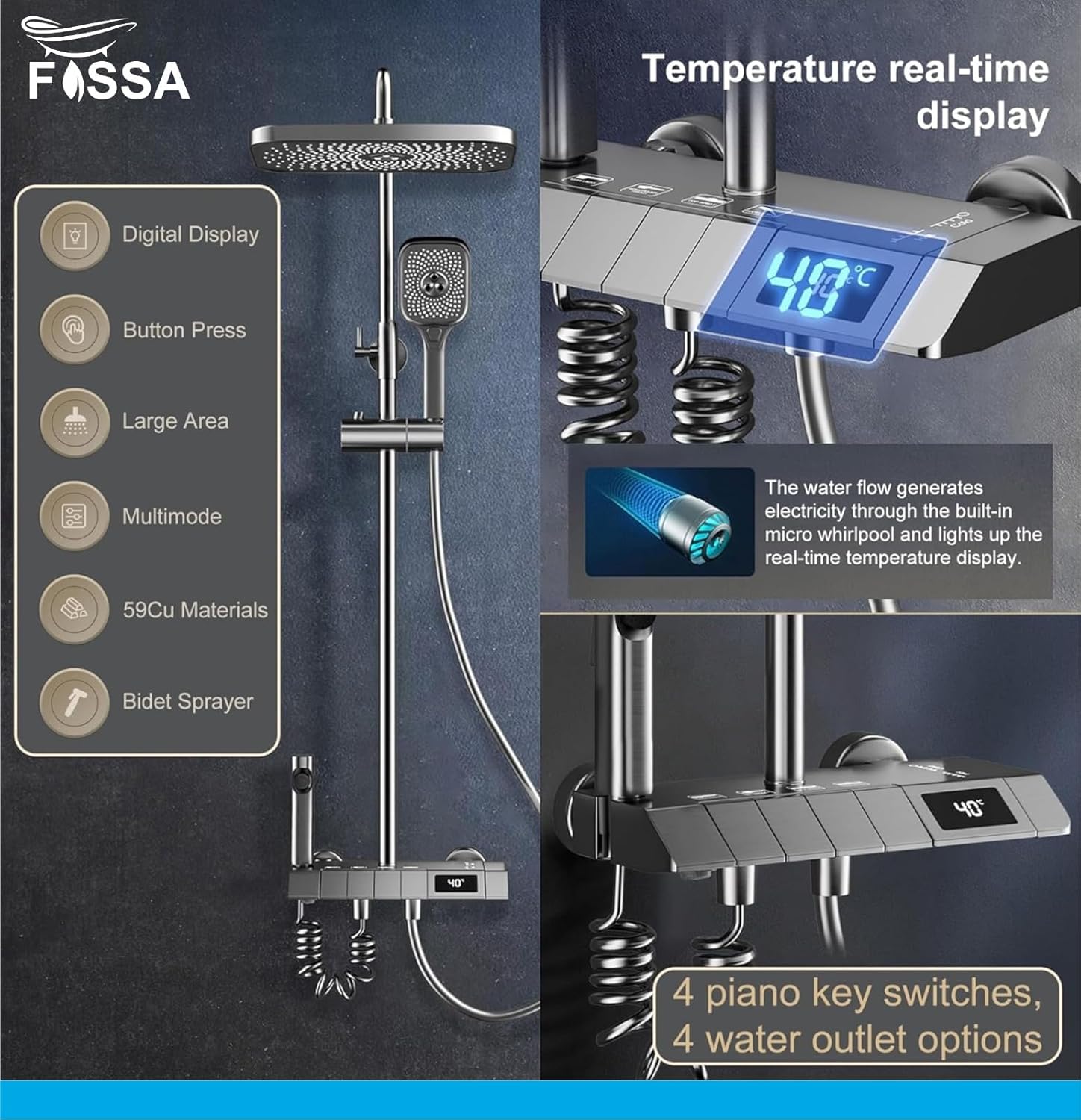 Fossa Spark Shower Thermostatic Shower System, Water Saving Shower Mixer Set, LED Screen, 4 Functions includes Handheld Shower (3 Jet Types), ABS Top Shower, Bidet Spray, Tub Spout (Black)-1