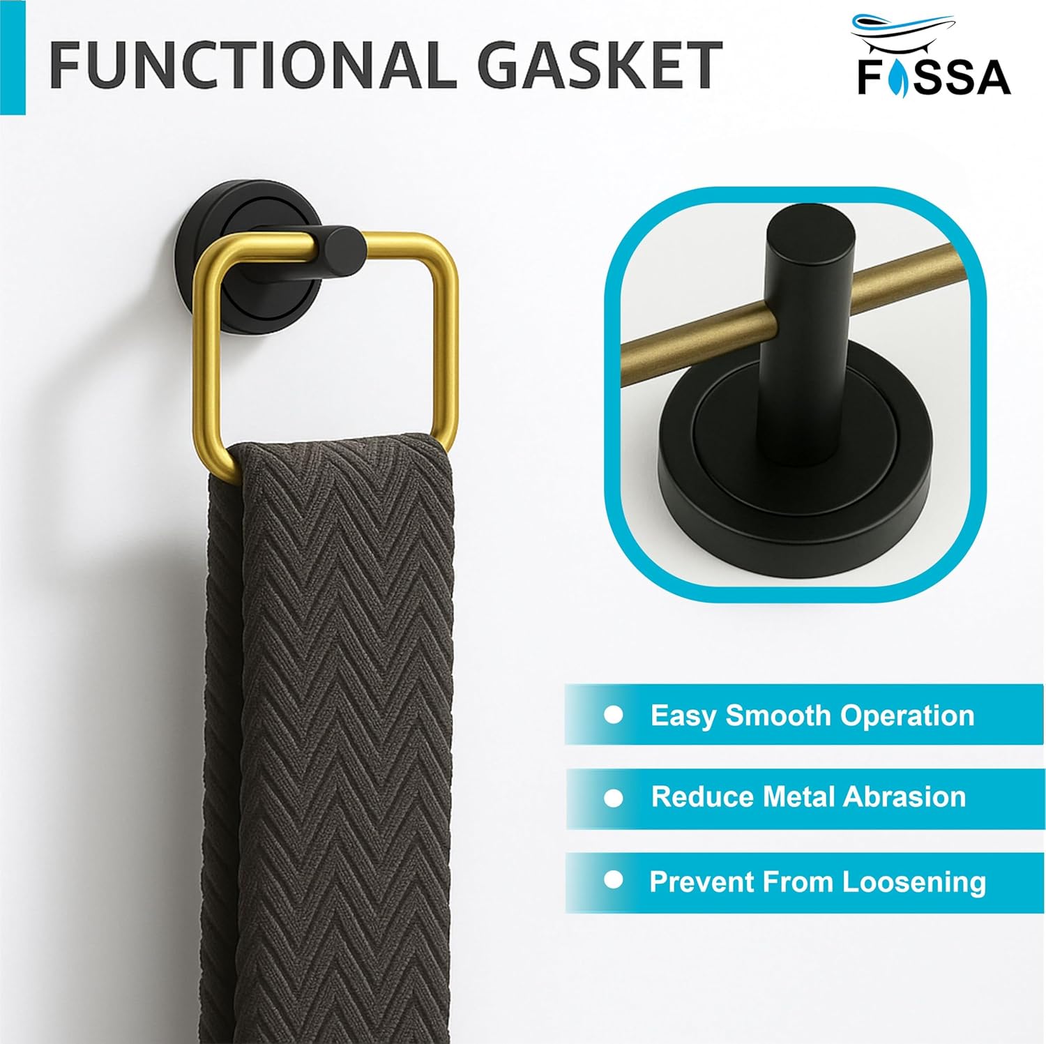 Fossa Stainless Steel Square Towel Ring for Bathroom, Napkin Holder for Wash Basin, Napkin Holder Chrome Finish (Black+Gold)-4