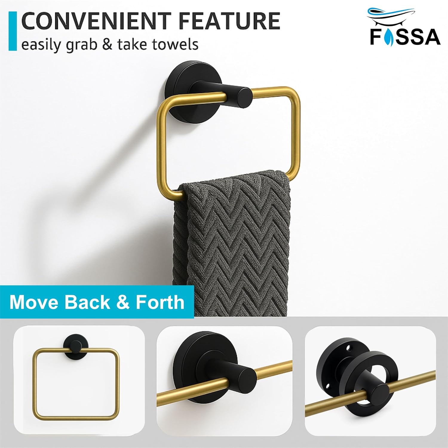 Fossa Stainless Steel Square Towel Ring for Bathroom, Napkin Holder for Wash Basin, Napkin Holder Chrome Finish (Black+Gold)-2