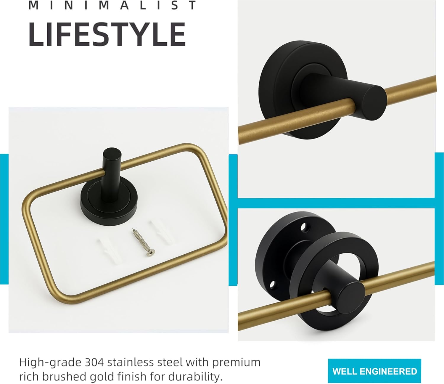 Fossa Stainless Steel Square Towel Ring for Bathroom, Napkin Holder for Wash Basin, Napkin Holder Chrome Finish (Black+Gold)-3