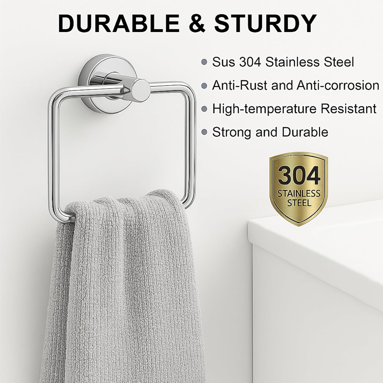 Fossa Stainless Steel Square Towel Ring for Bathroom, Napkin Holder for Wash Basin, Napkin Holder Chrome Finish (Silver)-3