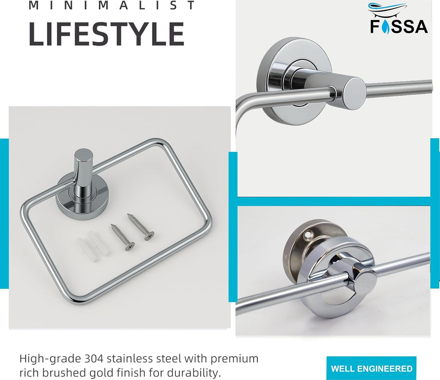 Fossa Stainless Steel Square Towel Ring for Bathroom, Napkin Holder for Wash Basin, Napkin Holder Chrome Finish (Silver)-4