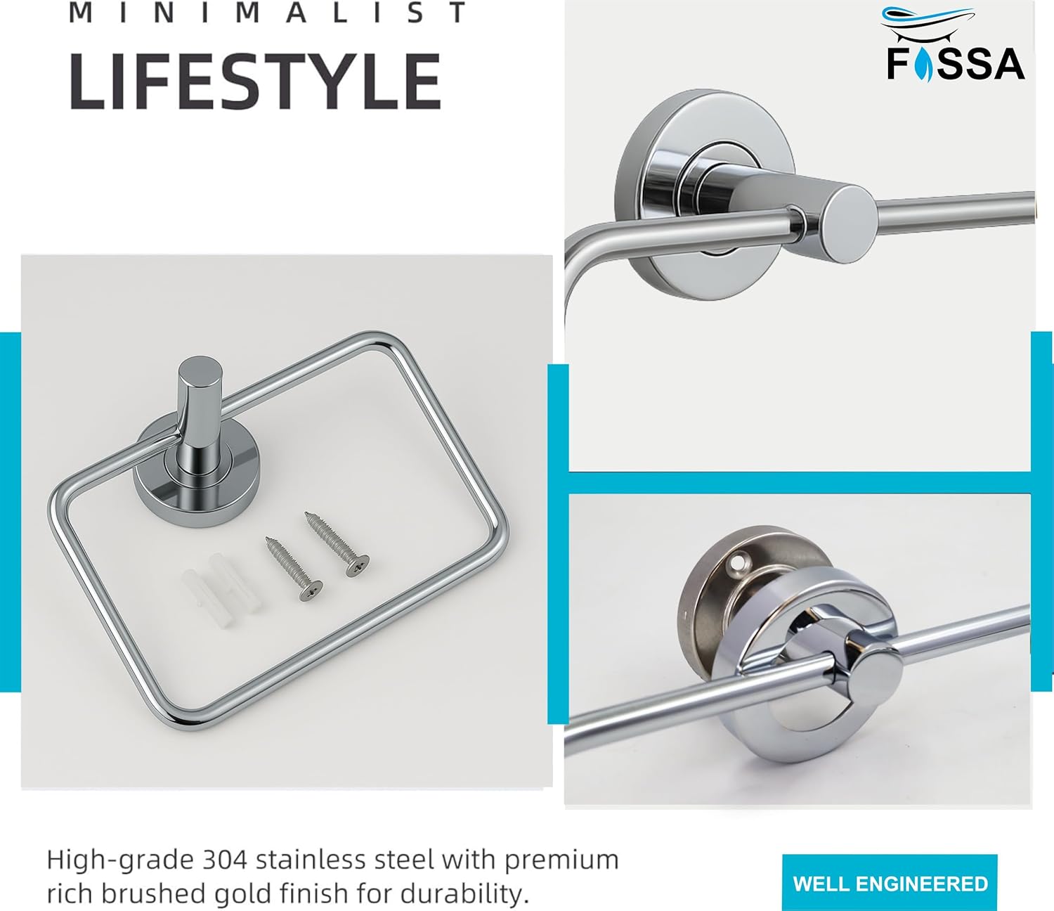 Fossa Stainless Steel Square Towel Ring for Bathroom, Napkin Holder for Wash Basin, Napkin Holder Chrome Finish (Silver)-4