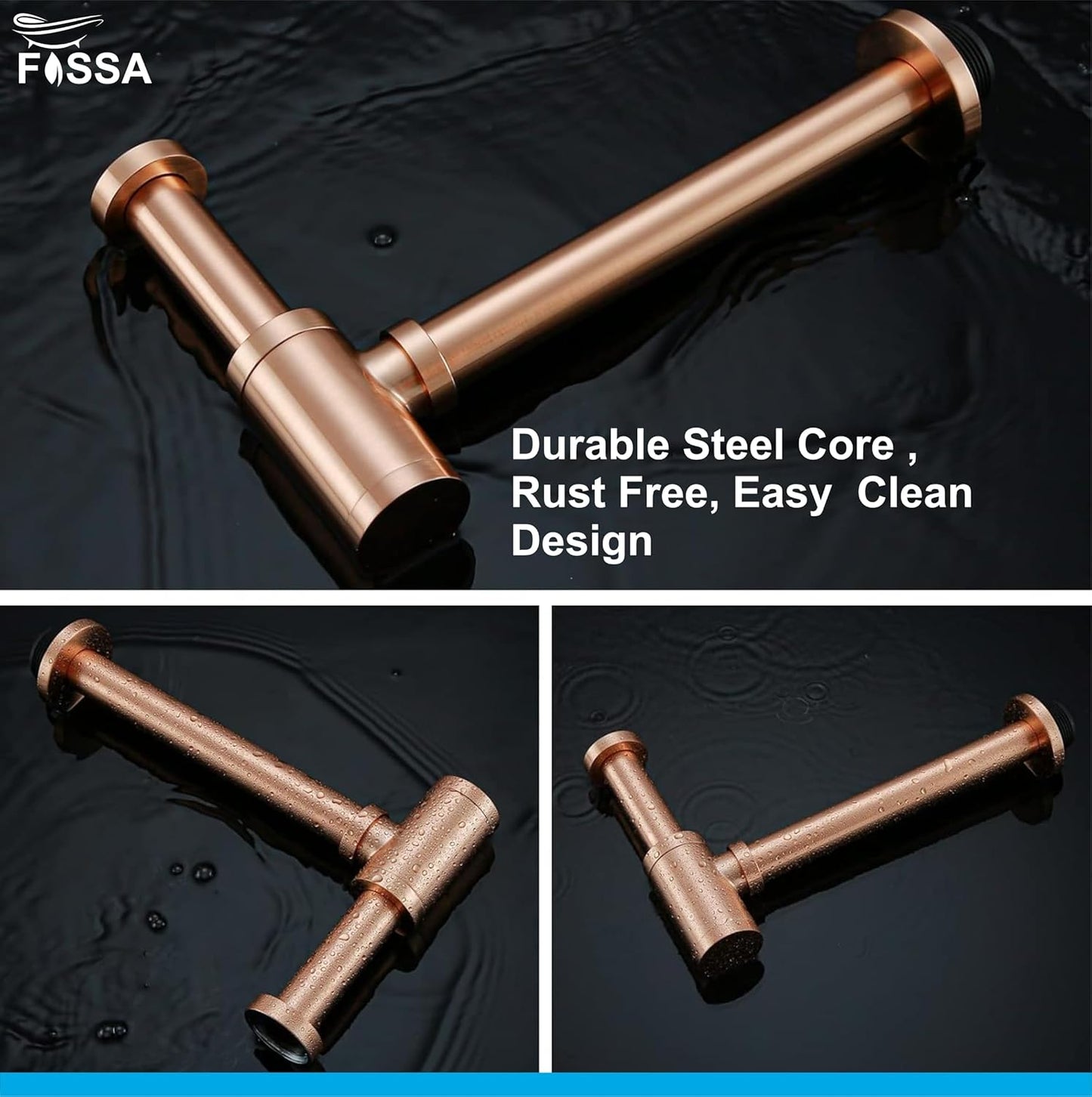 Fossa Steel Bottle Trap for Wash basins | Bottle Trap With Wall Flange and 12 Inches Pipe | Chrome Finish (Stainless Steel) Rose Gold-2