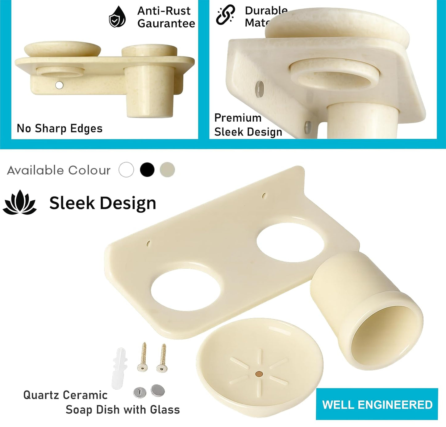 Fossa Classic Ceramic Wall Mounted Soap Dish with Toothbrush Holder – Compact Bathroom, Anti-Bacterial, Rust & Fade Resistant | Modern Soap Holder for Daily Use | Ivory (Glossy Finish)-3