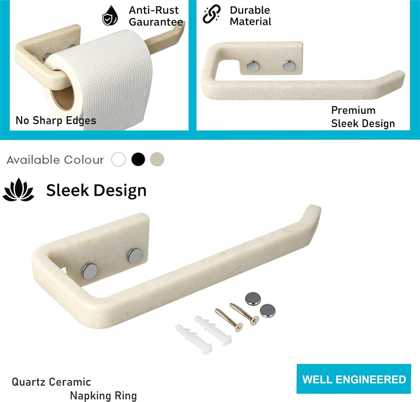 Fossa Classic Unbreakable Wall Mounted Ceramic Napkin Ring & Towel Holder for Bathroom & Kitchen – Space-Saving, Anti-Rust Towel Hanger | Stylish Bathroom Accessory – Ivory (Glossy Finish)-4